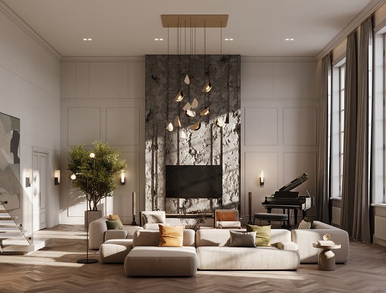 luxury home living room with fireplace, piano, couches, lots of windows and light and high ceilings